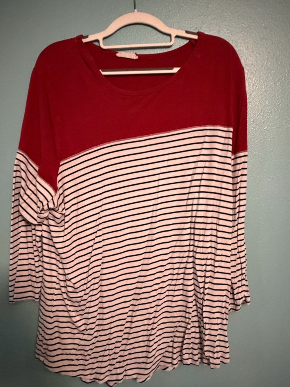 Striped Long Sleeve Top with Red Yoke